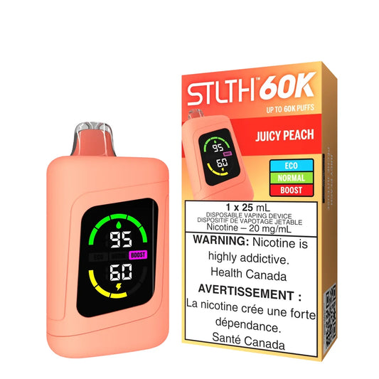 STLTH 60K Juicy Peach disposable vape device in matte peach orange with a digital display screen next to its matching retail box.