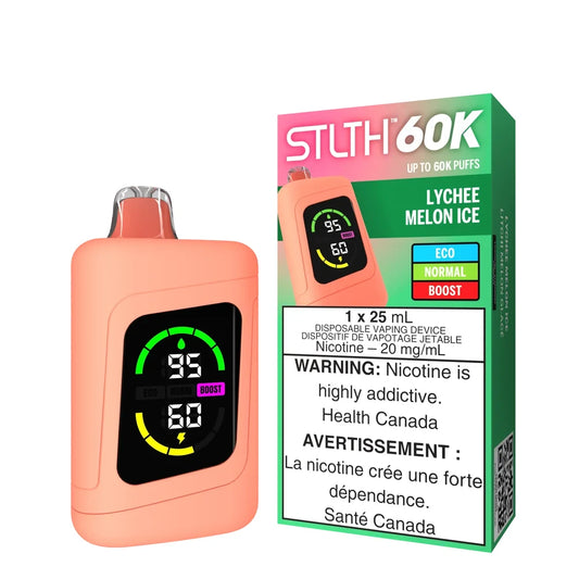 STLTH 60K Lychee Melon Ice disposable vape device in coral pink featuring a digital display screen next to its green and pink retail packaging.