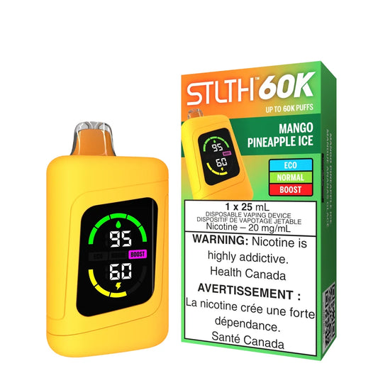 STLTH 60K Mango Pineapple Ice disposable vape featuring a yellow handheld device with a digital display screen next to its orange and green packaging.