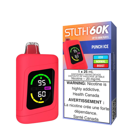 A red STLTH 60K Punch Ice disposable vape device with a digital battery and e-liquid display stands next to its blue and orange packaging featuring a nicotine warning label.