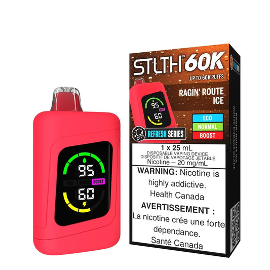 A red STLTH 60K Ragin' Route Ice disposable vape with a digital display screen stands next to its brown and orange packaging featuring water droplet graphics and nicotine warning labels.