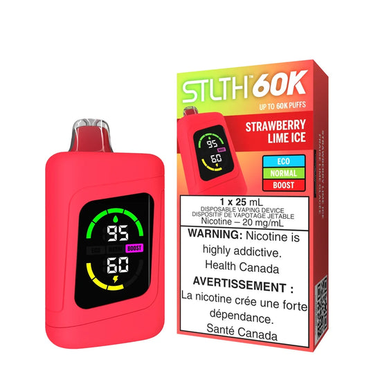 STLTH 60K Strawberry Lime Ice disposable vape device and its red and yellow packaging featuring a digital display screen and Health Canada nicotine warnings.