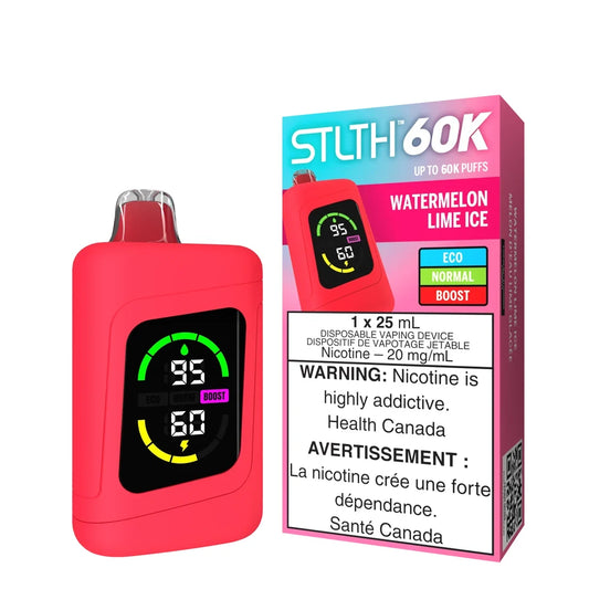 STLTH 60K Watermelon Lime Ice disposable vape device in matte red with a digital display screen next to its pink and blue gradient packaging.
