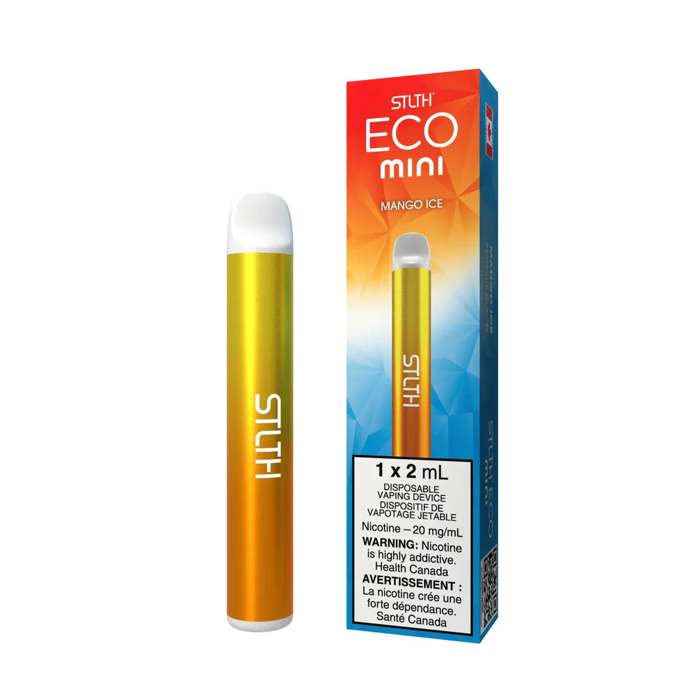 STLTH ECO MINI Mango Ice disposable vape featuring a yellow and orange gradient metallic device next to its orange and blue geometric patterned packaging.