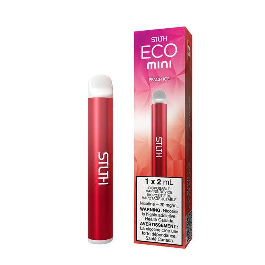 A red STLTH ECO MINI Peach Ice disposable vape pen with a white mouthpiece stands next to its pink and orange geometric patterned packaging against a black background.