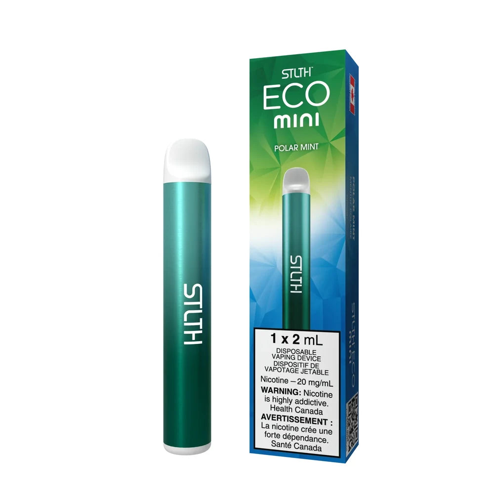 STLTH ECO MINI Polar Mint disposable vape featuring a metallic teal cylindrical device with a white mouthpiece next to its green and blue geometric patterned box.
