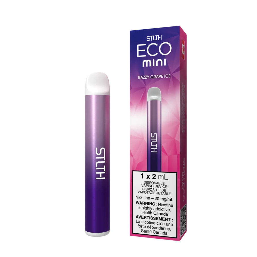 STLTH ECO MINI Razzy Grape Ice disposable vape featuring a purple gradient metallic device standing next to its matching purple and pink geometric patterned packaging.