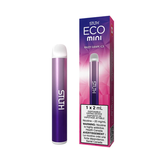 STLTH ECO MINI Razzy Grape Ice disposable vape featuring a purple gradient metallic device standing next to its matching purple and pink geometric patterned packaging.
