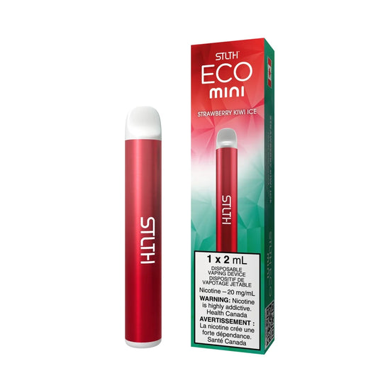 STLTH ECO MINI Strawberry Kiwi Ice disposable vape featuring a metallic red cylindrical device with a white mouthpiece alongside its red and green geometric patterned packaging.