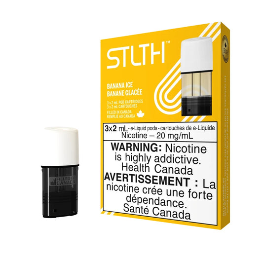 A yellow STLTH Banana Ice pod pack featuring a single replacement e-liquid pod with a white mouthpiece and black base next to a box labeled with nicotine warning text and 20 mg/mL nicotine strength.