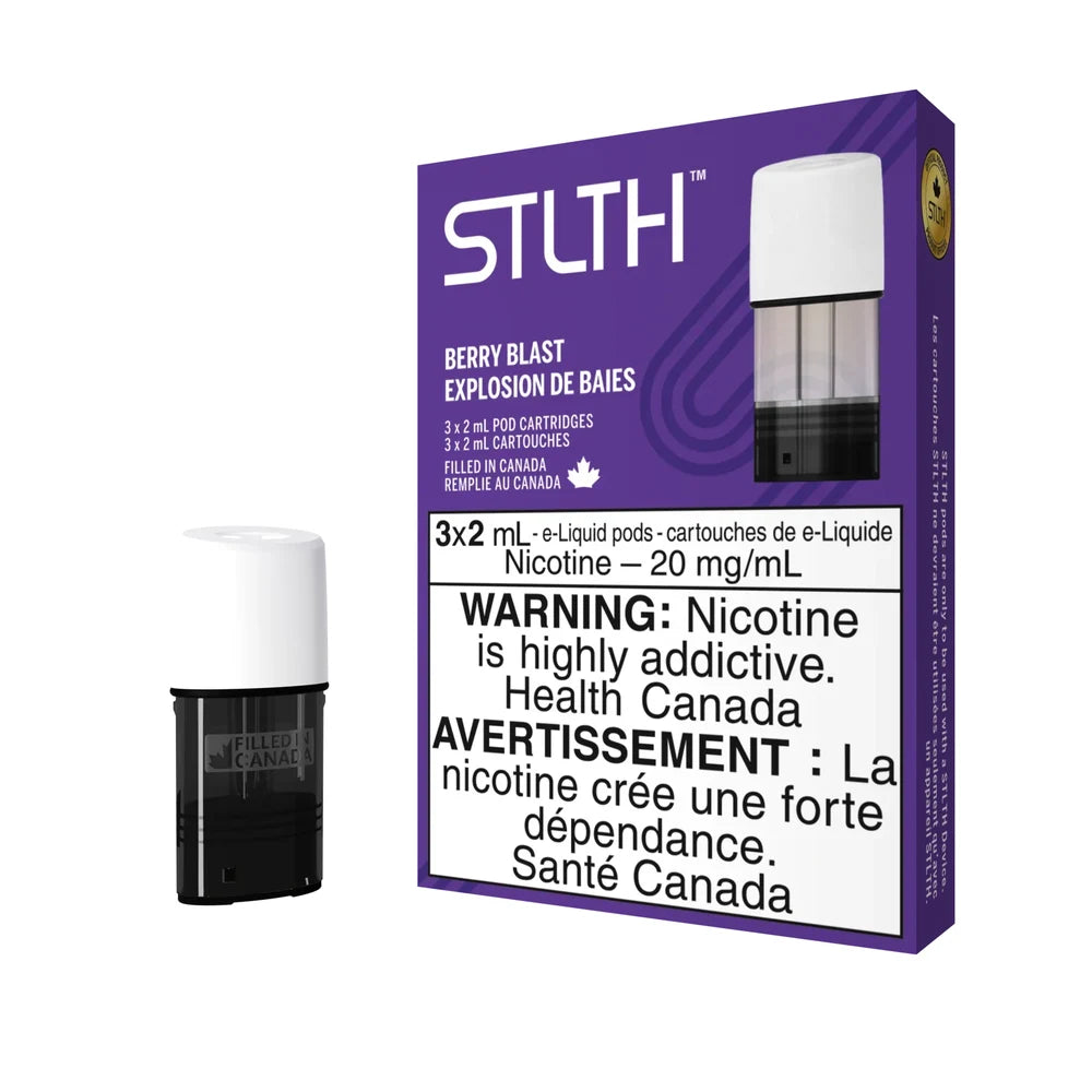 A purple STLTH Berry Blast pod pack box featuring three 2mL e-liquid cartridges with 20 mg/mL nicotine and a health warning label, shown next to a single white and black replacement pod.