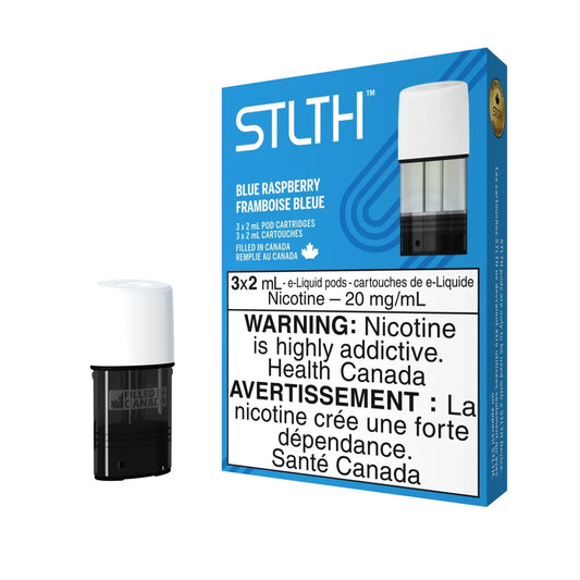A blue STLTH Blue Raspberry pod pack featuring three 2 mL cartridges with 20 mg/mL nicotine, shown next to a single white and black replacement pod.