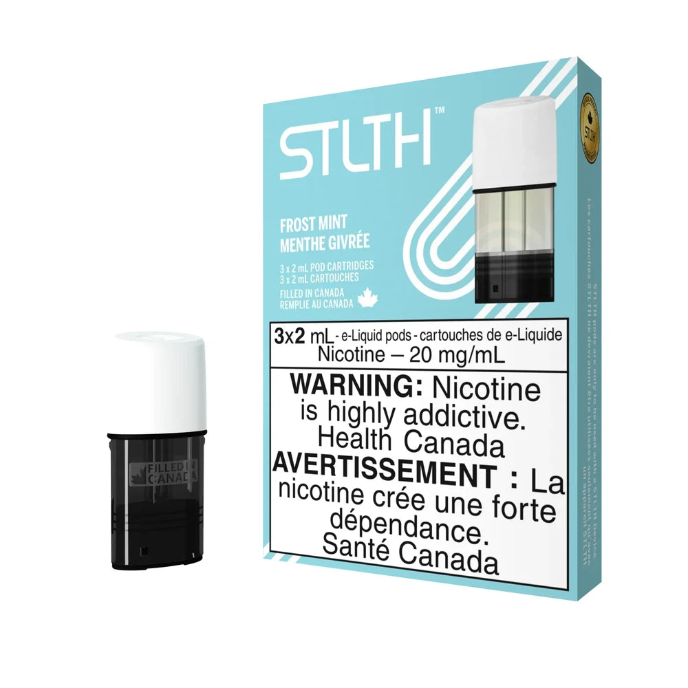 A pack of three STLTH Frost Mint e-liquid pods featuring light blue and white packaging with a single white and black pod displayed on the side.