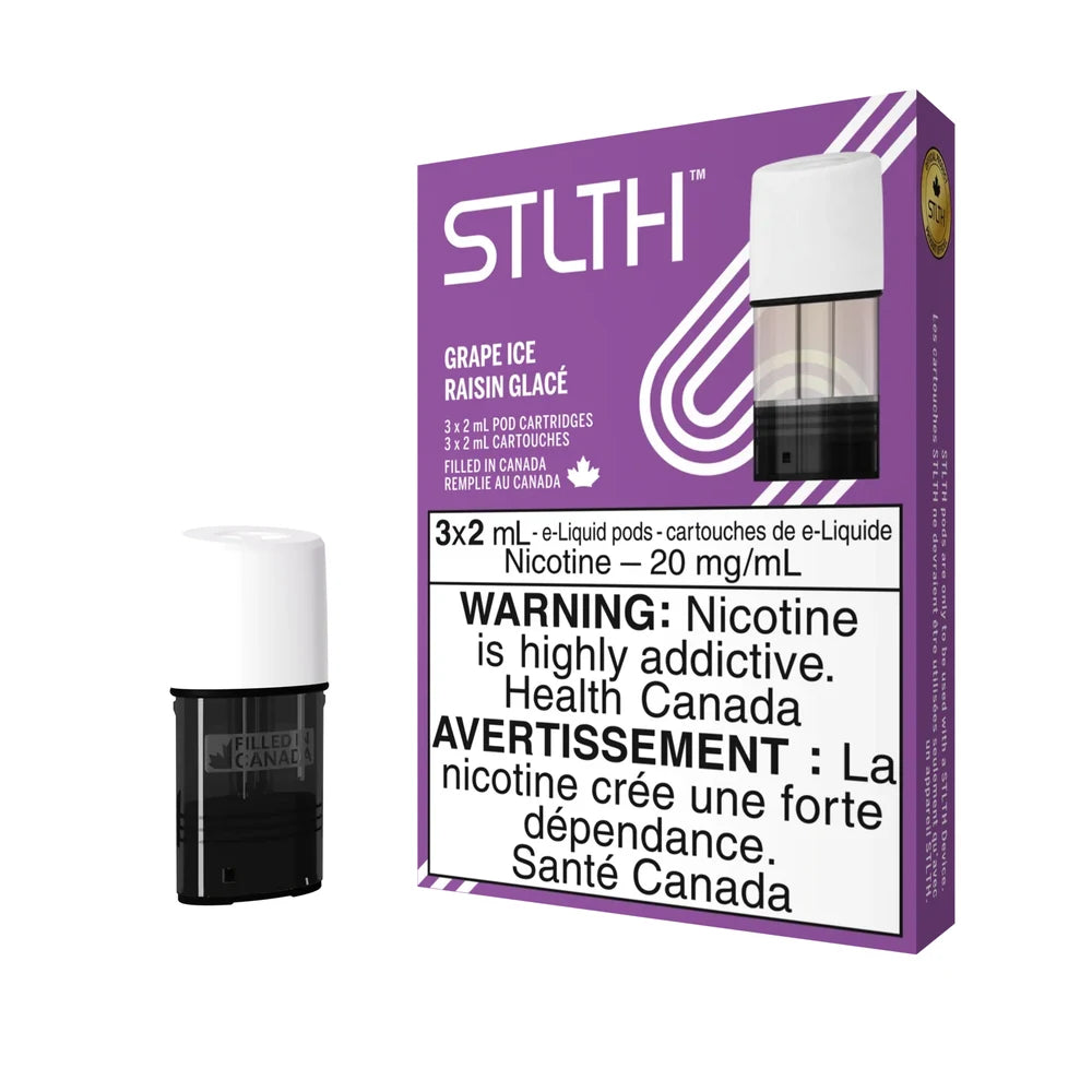 A purple STLTH Grape Ice pod pack featuring a single e-liquid pod with a white mouthpiece and translucent tank standing next to the box.