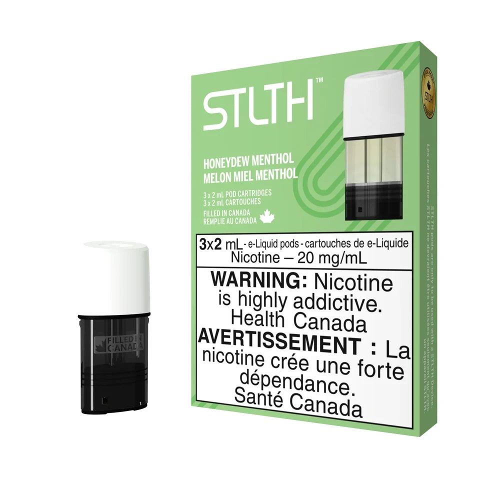 A green and white STLTH Honeydew Menthol pod pack featuring three 2mL e-liquid cartridges with a nicotine strength of 20 mg/mL and a prominent health warning label.