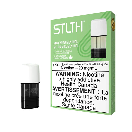 A green and white STLTH Honeydew Menthol pod pack featuring three 2mL e-liquid cartridges with a nicotine strength of 20 mg/mL and a prominent health warning label.
