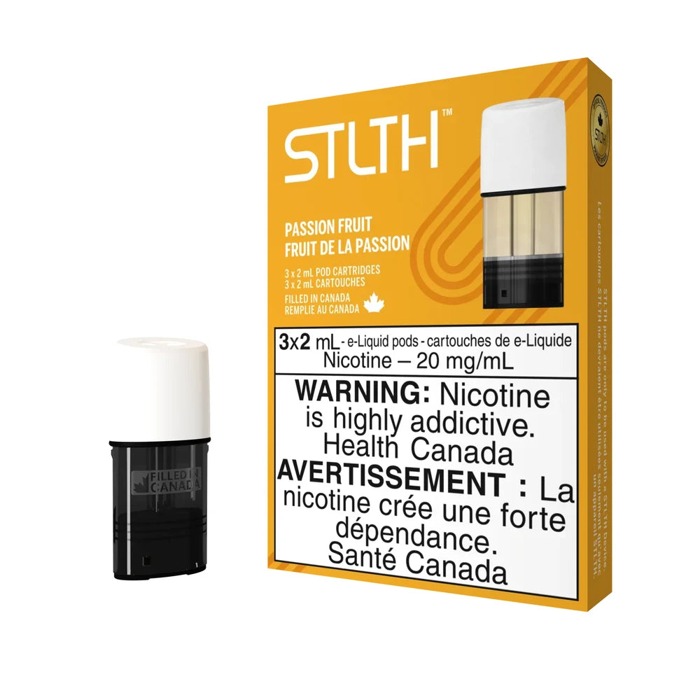 A yellow STLTH Passion Fruit pod pack box featuring three 2mL e-liquid cartridges with 20 mg/mL nicotine and a health warning label, shown next to a single white and black replacement pod.