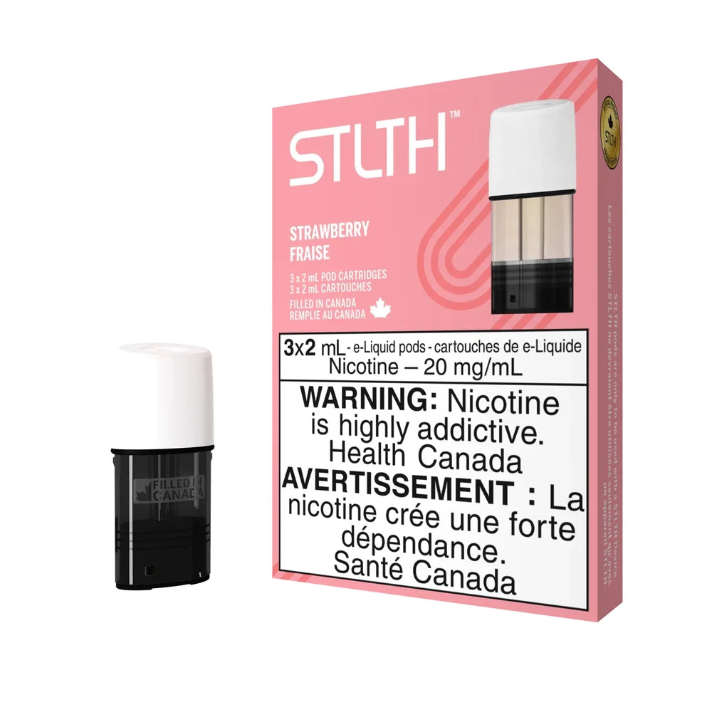 A pink STLTH Strawberry pod pack containing three 2 mL cartridges with a single white and black e-liquid pod displayed next to the box.