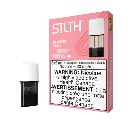 A pink STLTH Strawberry pod pack containing three 2 mL cartridges with a single white and black e-liquid pod displayed next to the box.
