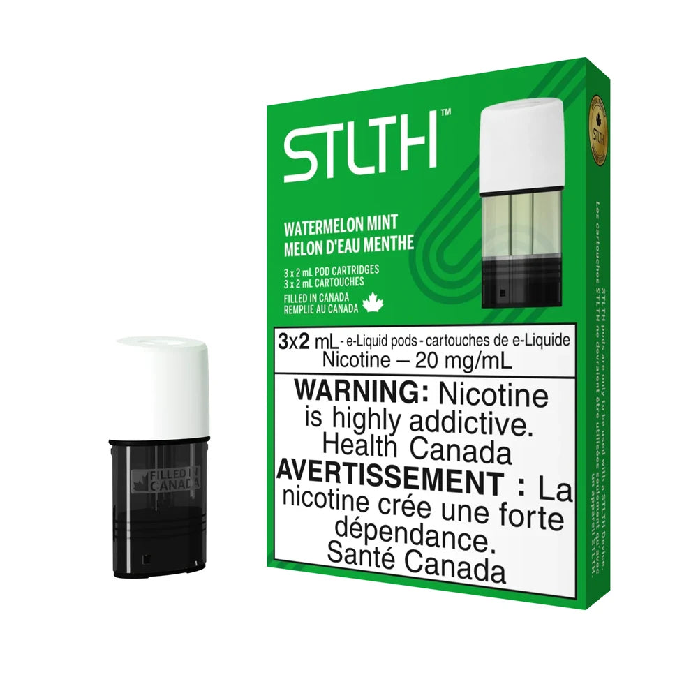 A green STLTH Watermelon Mint pod pack box containing three 2mL e-liquid cartridges with 20 mg/mL nicotine, shown next to a single white and black replacement pod.
