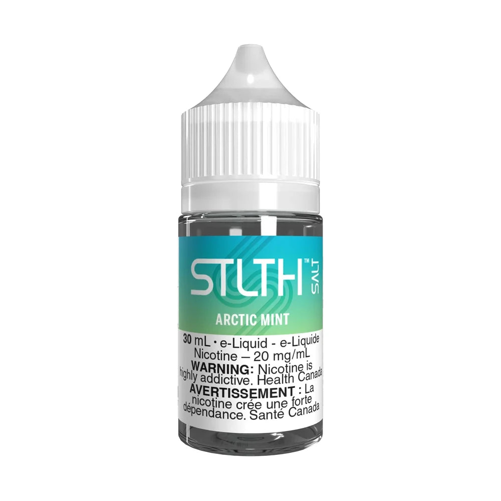 A 30mL bottle of STLTH Salt Arctic Mint e-liquid featuring a white child-resistant cap and a teal gradient label with nicotine warning text.