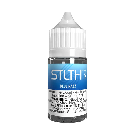 A 30mL bottle of STLTH Salt Blue Razz e-liquid featuring a white child-resistant cap and a blue and white label with nicotine warning text.