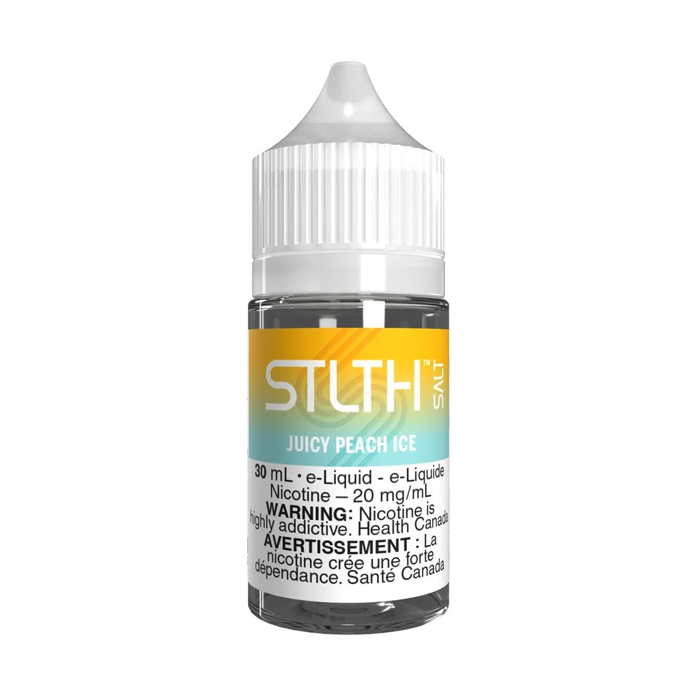 A 30mL bottle of STLTH Salt Juicy Peach Ice e-liquid featuring a white child-resistant cap and a label with an orange and light blue gradient.