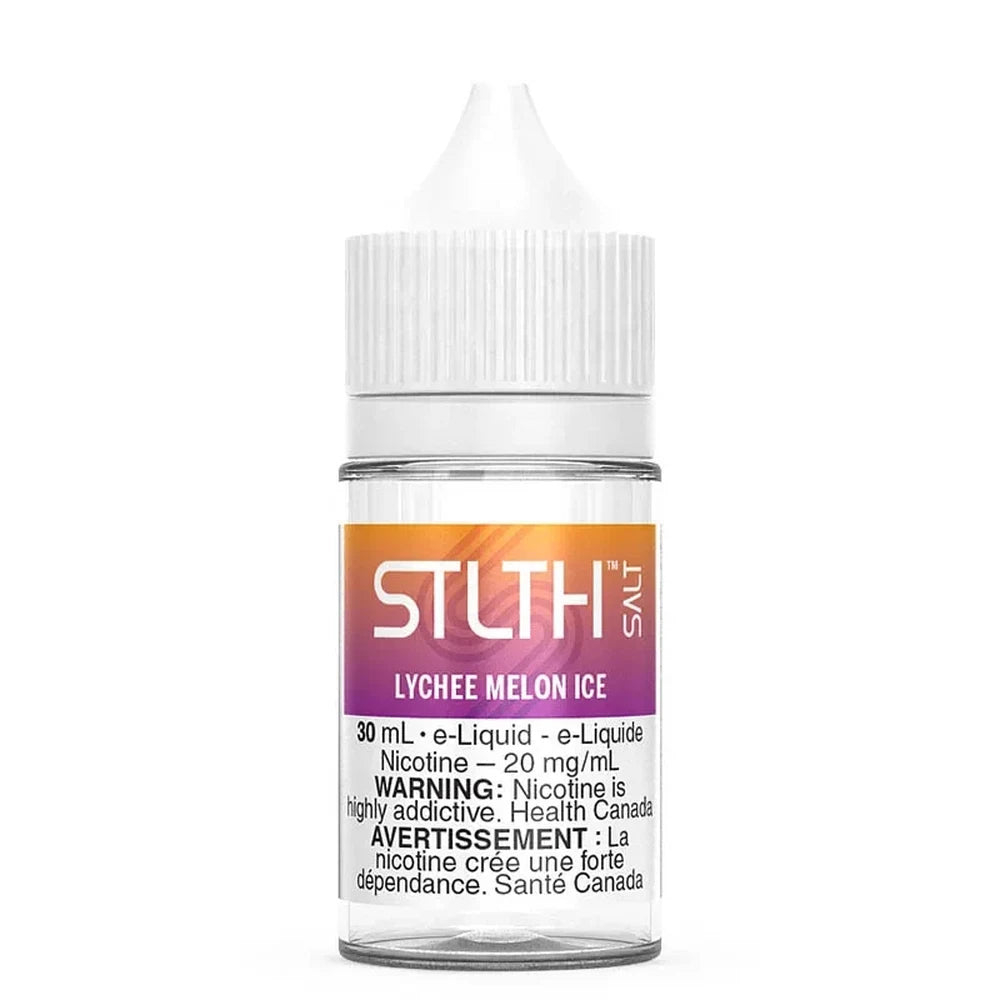 A 30 mL bottle of STLTH Salt Lychee Melon Ice e-liquid featuring