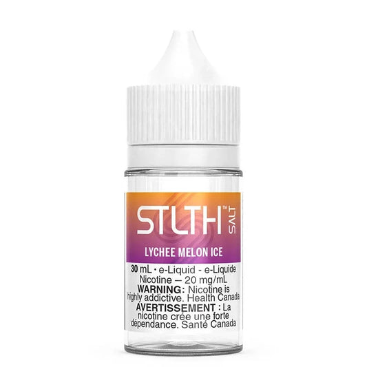 A 30 mL bottle of STLTH Salt Lychee Melon Ice e-liquid featuring