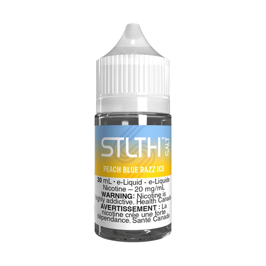 A 30mL bottle of STLTH Salt Peach Blue Razz Ice e-liquid featuring a white child-resistant cap and a blue and yellow label with 20 mg/mL nicotine strength and health warnings.