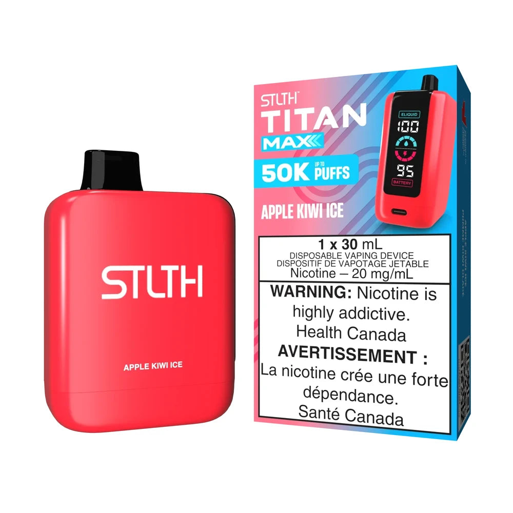 STLTH Titan Max 50K Apple Kiwi Ice disposable vape featuring a red device with a black mouthpiece next to its matching pink and blue packaging.