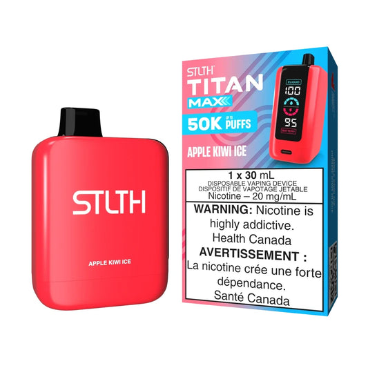 STLTH Titan Max 50K Apple Kiwi Ice disposable vape featuring a red device with a black mouthpiece next to its matching pink and blue packaging.