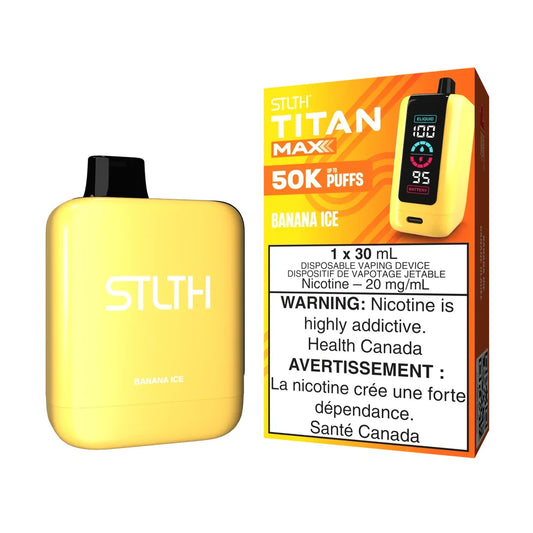 STLTH Titan Max 50K Banana Ice disposable vape featuring a yellow device with a black mouthpiece next to its orange and yellow packaging displaying 50K puffs and 20 mg/mL nicotine strength.