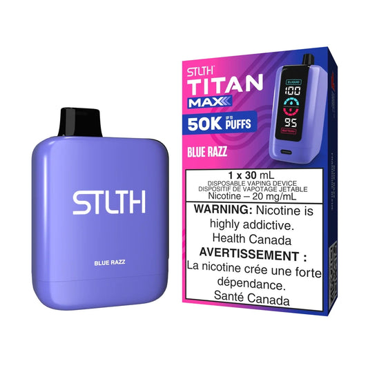 STLTH Titan Max 50K Blue Razz disposable vape device and its purple and pink packaging featuring a digital display and nicotine warning label.