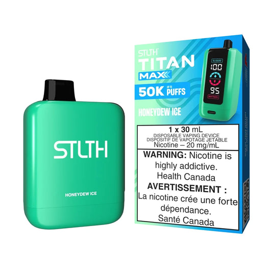 STLTH Titan Max 50K Honeydew Ice disposable vape featuring a teal green device with a black mouthpiece next to its matching blue and green packaging.