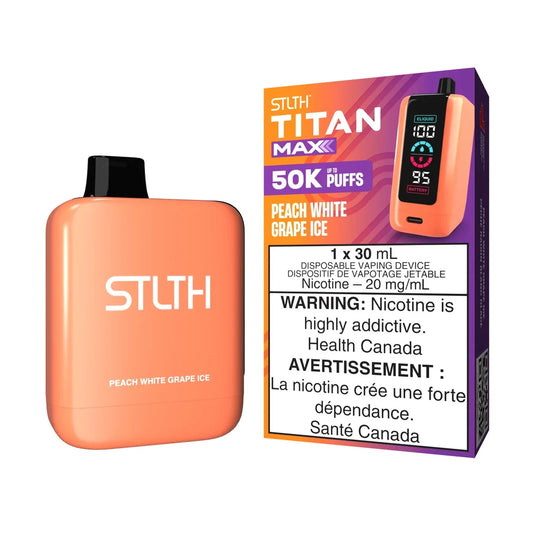 STLTH Titan Max 50K Peach White Grape Ice disposable vape featuring an orange device with a black mouthpiece next to its matching purple and orange packaging.