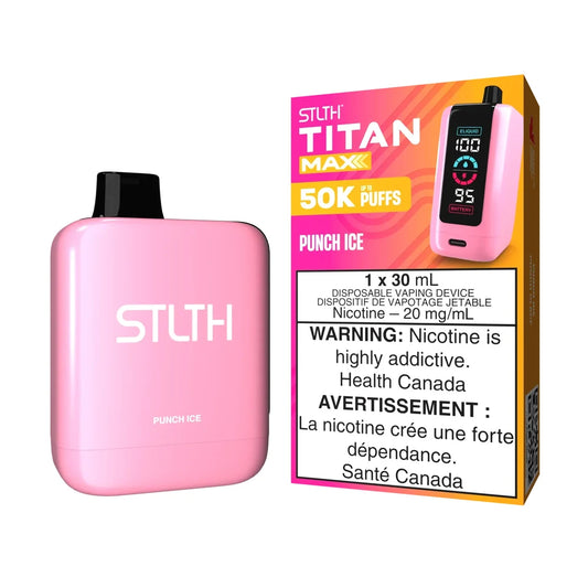 A pink STLTH Titan Max 50K Punch Ice disposable vape device stands next to its pink and orange retail packaging featuring a digital display and nicotine warning labels.