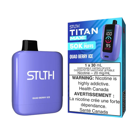 A purple STLTH Titan Max 50K Quad Berry Ice disposable vape device stands next to its blue and white retail packaging featuring a digital display and nicotine warning labels.
