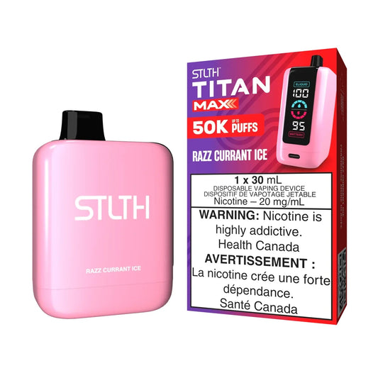 STLTH Titan Max 50K Razz Currant Ice disposable vape in light pink with its matching purple and red packaging featuring a digital display and nicotine warning labels.