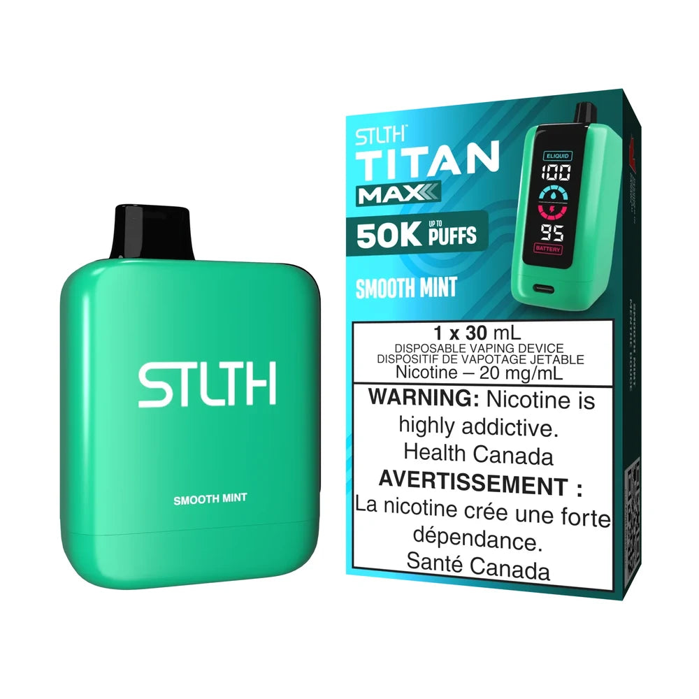 A mint green STLTH Titan Max 50K disposable vape device featuring a black mouthpiece and digital screen, displayed next to its matching teal packaging labeled Smooth Mint with a nicotine warning.