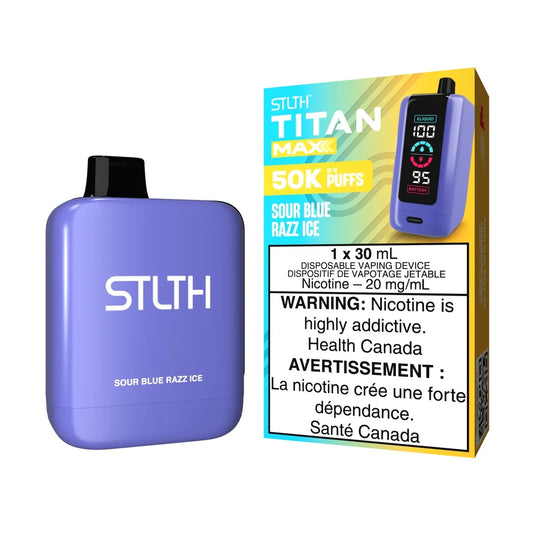 STLTH TITAN MAX 50K Sour Blue Razz Ice disposable vape device in purple next to its yellow and blue packaging featuring an LED screen display and nicotine warning label.