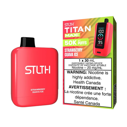 STLTH Titan Max 50K Strawberry Guava Ice disposable vape device in vibrant red with its matching retail packaging featuring a digital display and nicotine warning labels.
