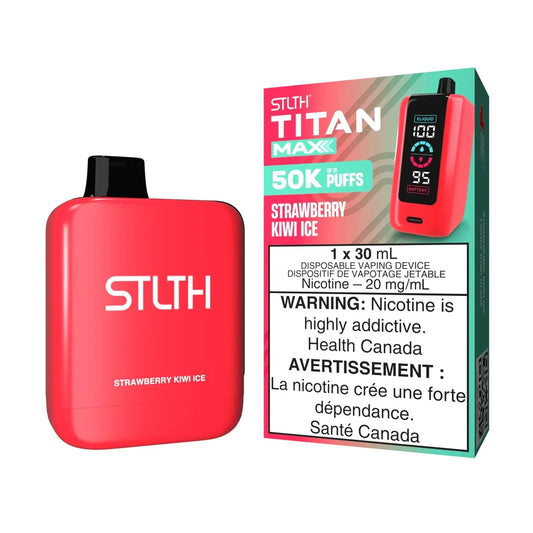 A red STLTH Titan Max 50K Strawberry Kiwi Ice disposable vape device stands next to its original packaging, featuring a digital screen display and clear branding on a black background.