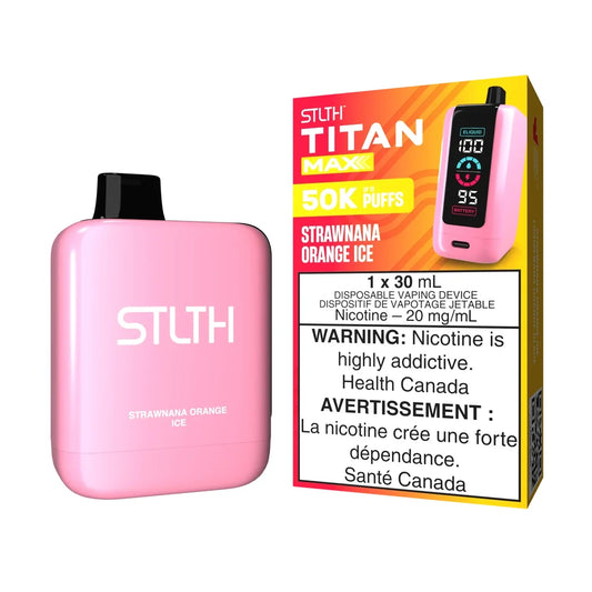 STLTH Titan Max 50K Strawnana Orange Ice disposable vape featuring a pink device with a black mouthpiece next to its orange and yellow packaging.