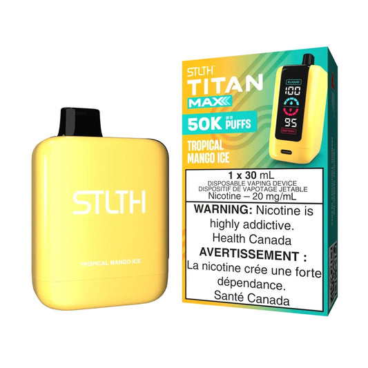 STLTH Titan Max 50K Tropical Mango Ice disposable vape device and its packaging, featuring a yellow body with a digital screen and a black mouthpiece against a white background.