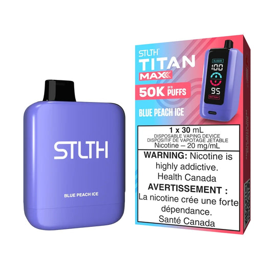 STLTH Titan Max 50K Blue Peach Ice disposable vape device in purple with its matching product packaging featuring a digital screen display and nicotine warning labels.