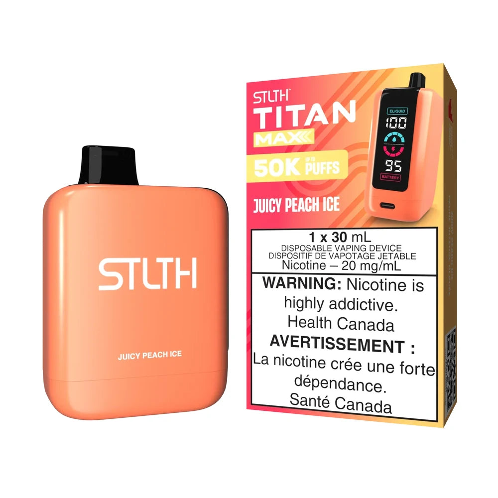 STLTH Titan Max 50K Juicy Peach Ice disposable vape device and its packaging, featuring a peach-colored body with a black mouthpiece and a digital screen displaying e-liquid and battery levels.