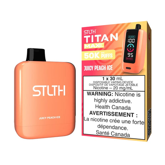 STLTH Titan Max 50K Juicy Peach Ice disposable vape device and its packaging, featuring a peach-colored body with a black mouthpiece and a digital screen displaying e-liquid and battery levels.