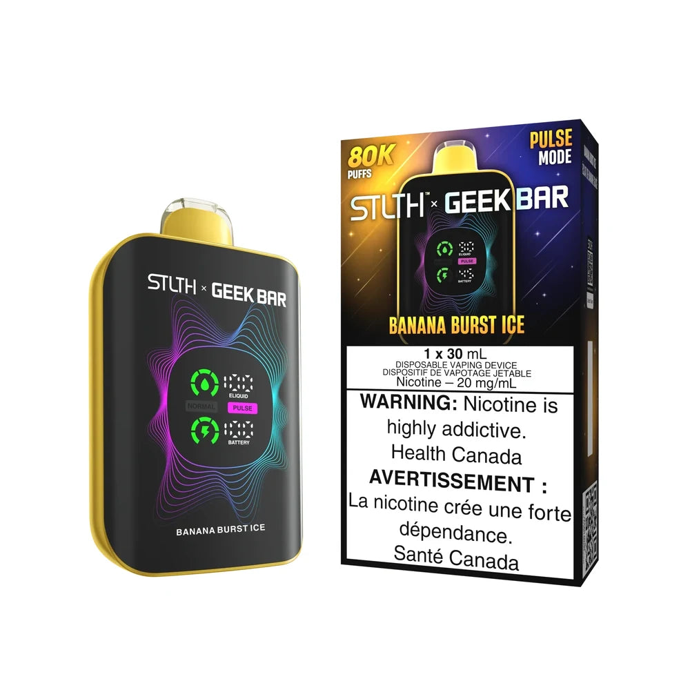 STLTH x Geek Bar 80K Banana Burst Ice disposable vape device and its retail packaging featuring a black and yellow design with a digital screen displaying e-liquid and battery levels.
