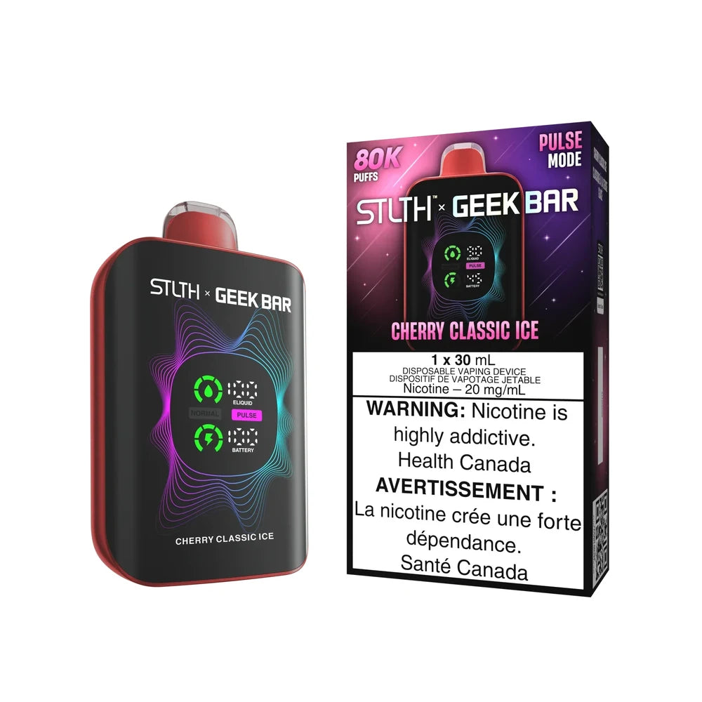 A STLTH x Geek Bar 80K Cherry Classic Ice disposable vape device and its retail packaging featuring a black and red design with a digital screen displaying e-liquid and battery levels.